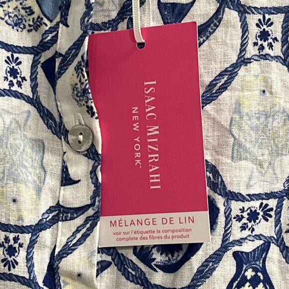 Isaac Mizrahi New York Top Womens M Blue Fish Print Linen Blend Button Shirt - Picture 3 of 8